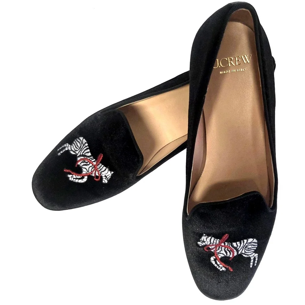 J. Crew Smoking Loafers 9 Zebra Embroidered Red Bow Black Velvet Made Italy NWOB